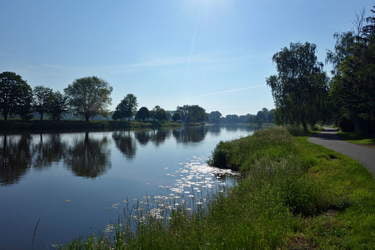 Ścieżka wzdłuż jeziora, widok w pełnym słońcu.