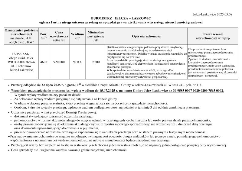 Ogłoszenie o przetargu na sprzedaż działki położonej w Jelczu-Laskowicach przy ul. Techników 1