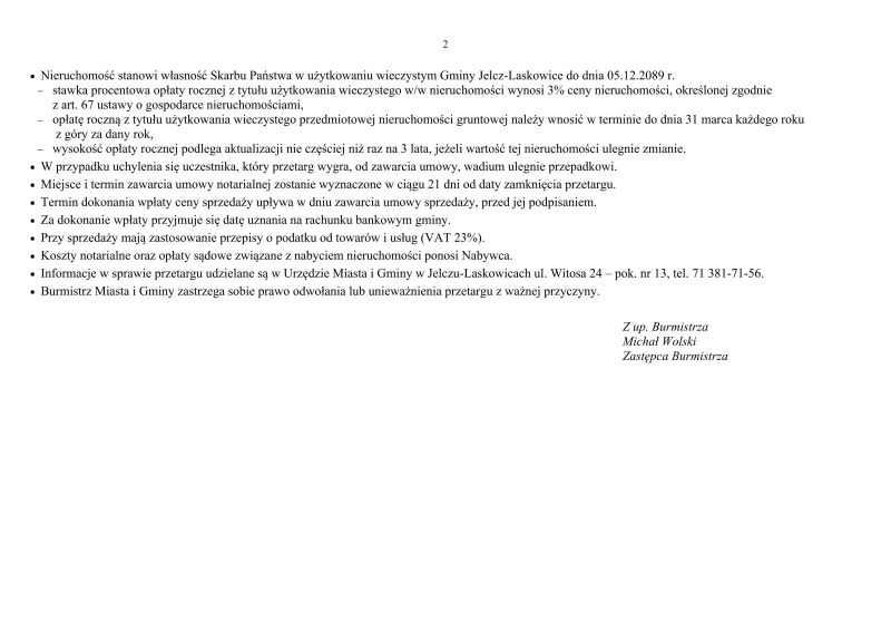 Ogłoszenie o przetargu na sprzedaż działki położonej w Jelczu-Laskowicach przy ul. Techników 2