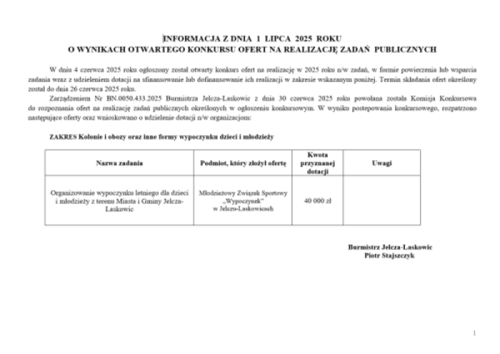 informacja o otrzymanej dotacji