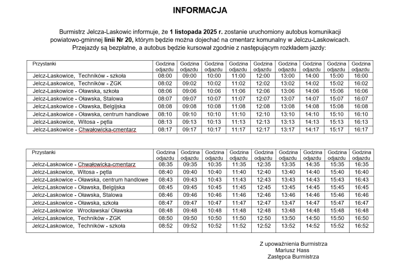rozkład jazdy autobusu na 1 listopada